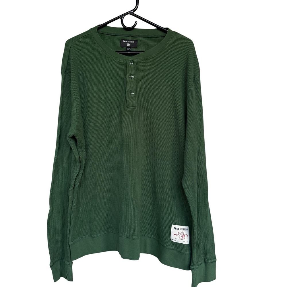 True Religion Shirt Mens 3XL Green Waffle Thermal Long Sleeve Henley Patch Logo